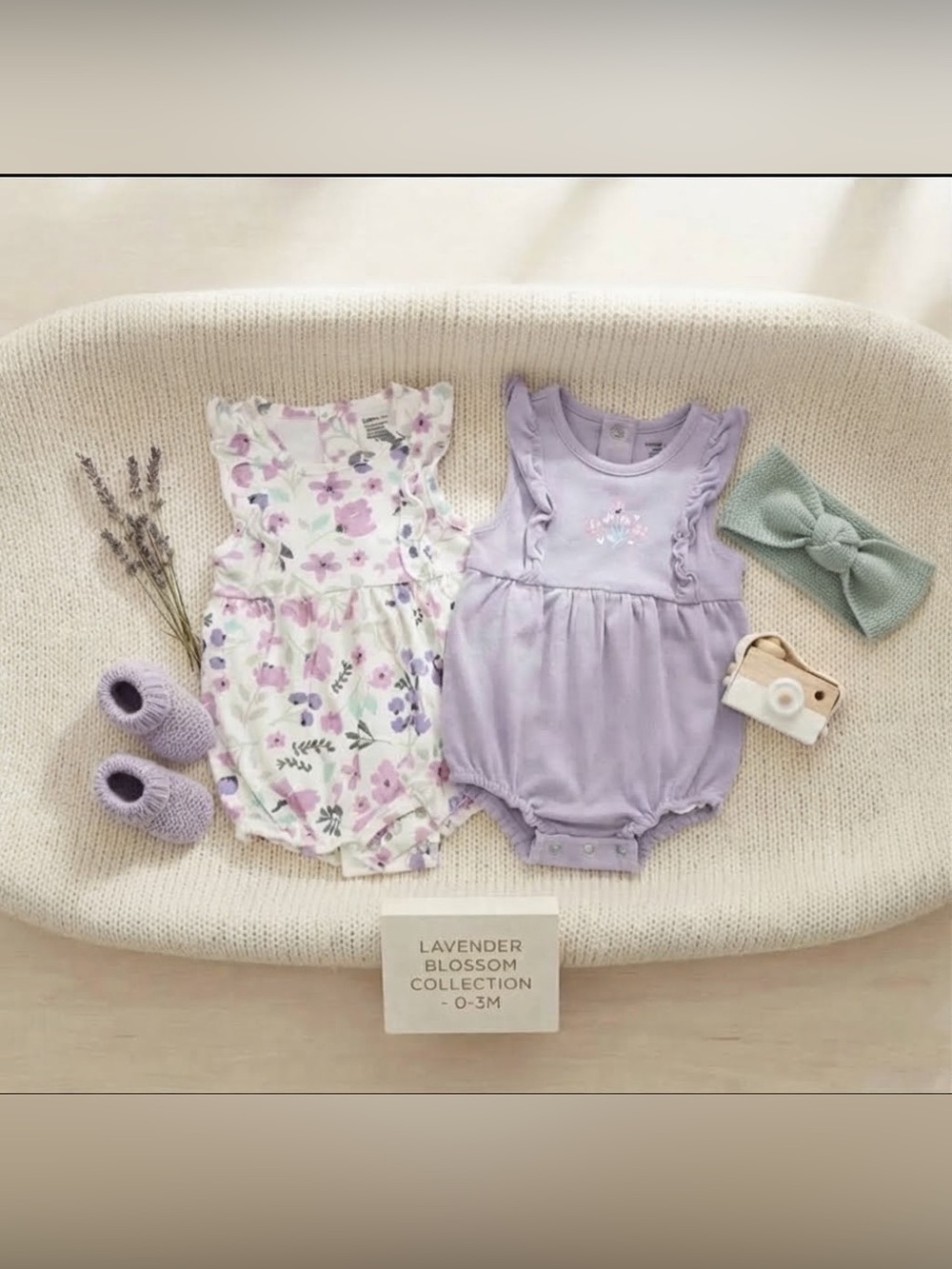 Carter's Lavender Floral & Solid Lavender Baby Romper Set With Sage Green Bow
